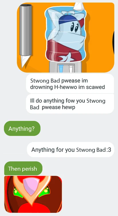 Fake iMessage parody with Homestar Runner begging Strong Bad for help, answered with 'Then perish' and a Marzipan image