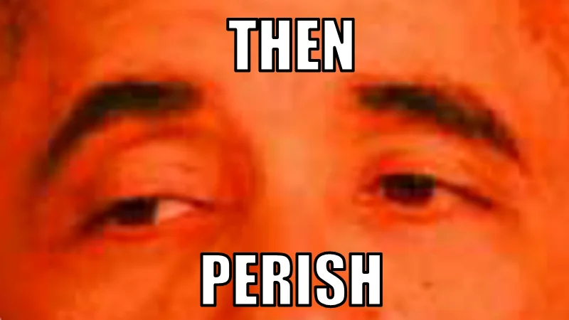 Zoomed-in orange-tinted close-up of Obama's eyes with the caption 'THEN PERISH' in large white text