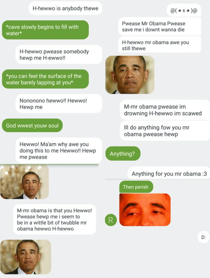 Fake iMessage conversation with someone drowning begging Obama for help, who replies 'Then perish'