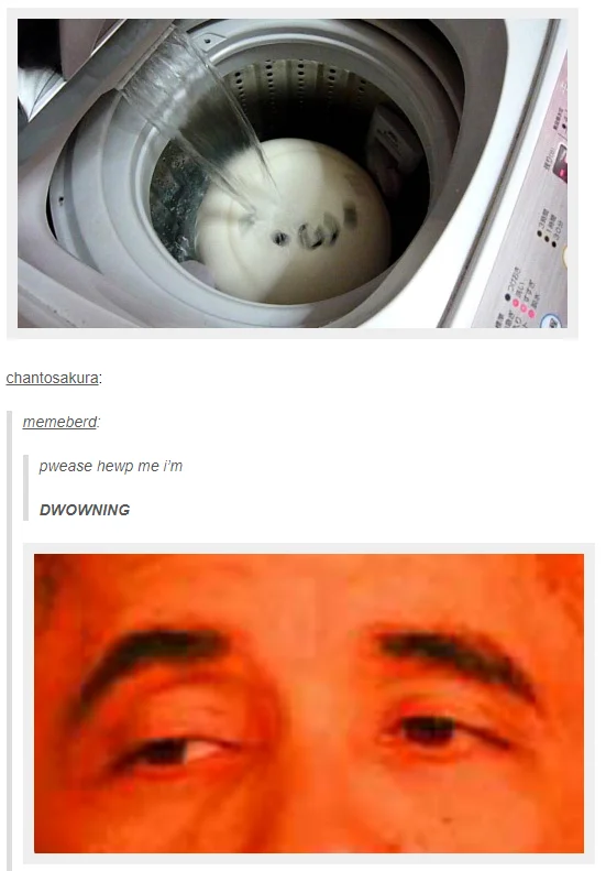 Tumblr post of a plush toy in a washing machine captioned 'drowning', answered with the Obama 'then perish' image