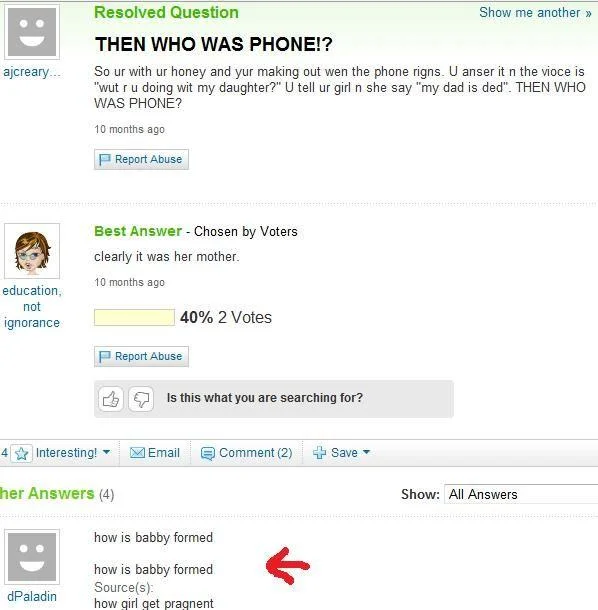 THEN WHO WAS PHONE? — Yahoo Answers page asking 'THEN WHO WAS PHONE!?' with the top answer 'clearly it was her mother'.