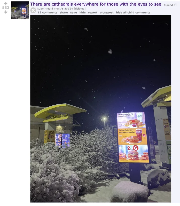 There Are Cathedrals Everywhere For Those With The Eyes To See — Reddit post showing a brightly lit McDonald's drive-thru menu in a snowstorm with the