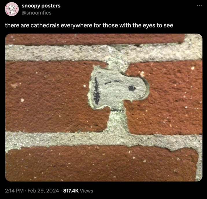 There Are Cathedrals Everywhere For Those With The Eyes To See — Tweet showing mortar between bricks that forms the shape of Snoopy's head with the cathedrals