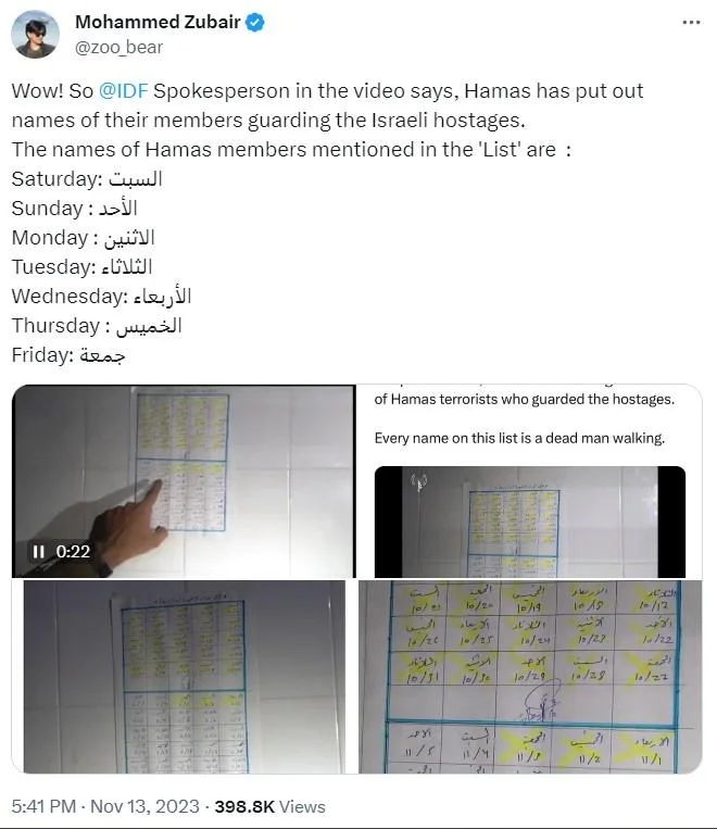 There Is A List — Tweet screenshot mocking the IDF list claim by translating the entries as days of the week