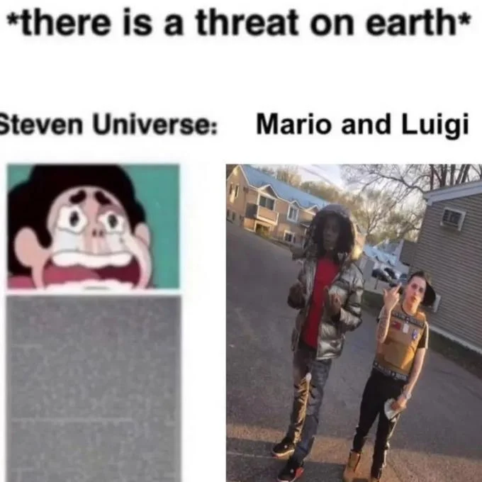 *There Is A Threat On Earth* Steven Universe: — Meme with Steven Universe crying beside a photo of two people standing outside labeled Mario and Luigi.