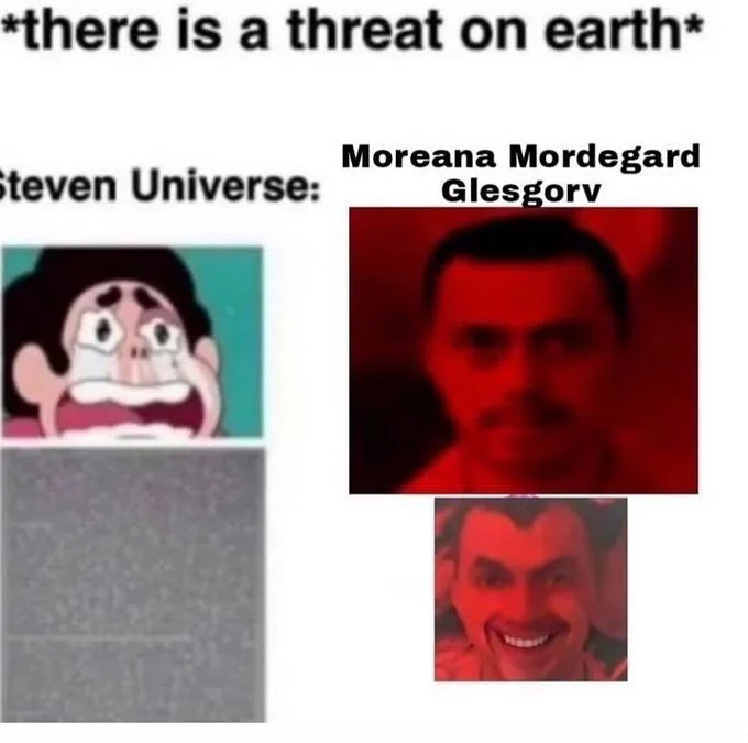 *There Is A Threat On Earth* Steven Universe: — Meme with Steven Universe crying beside a red-tinted image of Moreana Mordegard Glesgorv.