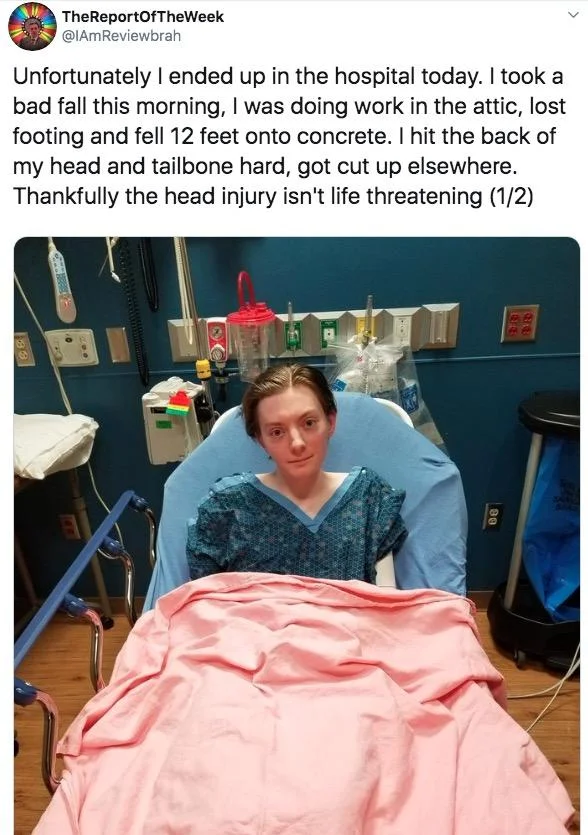 TheReportOfTheWeek — Reviewbrah hospital tweet with photo of him in hospital gown on bed