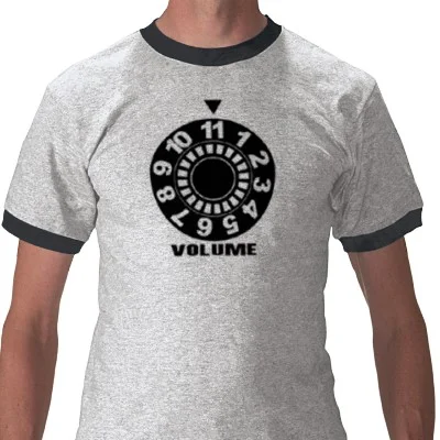 These go to 11 — Gray ringer t-shirt with volume knob graphic that goes up to 11