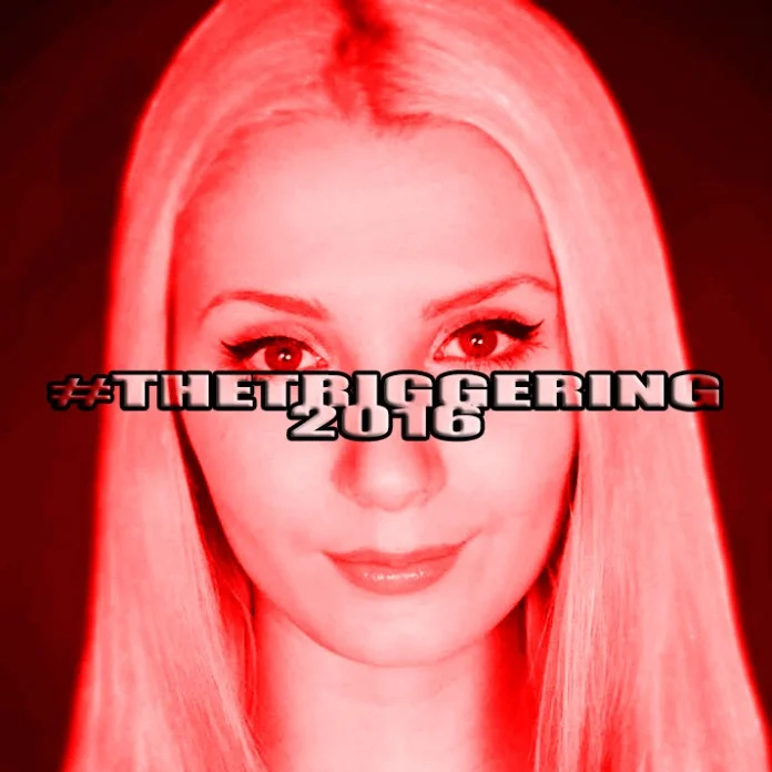 Red-tinted portrait of Lauren Southern with #TheTriggering 2016 text overlay