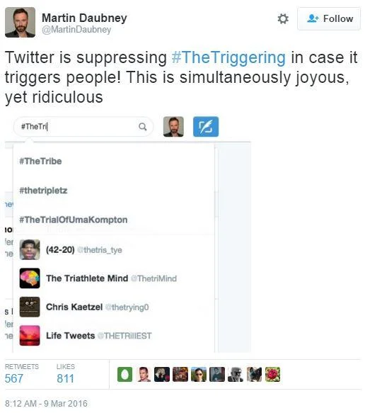 Martin Daubney tweet alleging Twitter suppressed #TheTriggering search suggestions