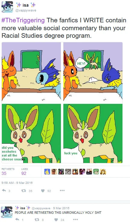 Satirical tweet mocking #TheTriggering with Pokemon Eeveelution comic
