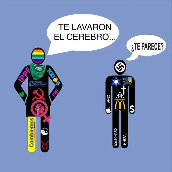 They Brainwashed You — Two stick figures both covered in ideological symbols with Spanish speech bubbles 'TE LAVARON EL CEREBRO' and '¿TE PARECE?'