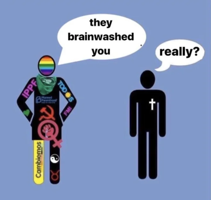 Square version of the 'they brainwashed you / really?' stick figure meme