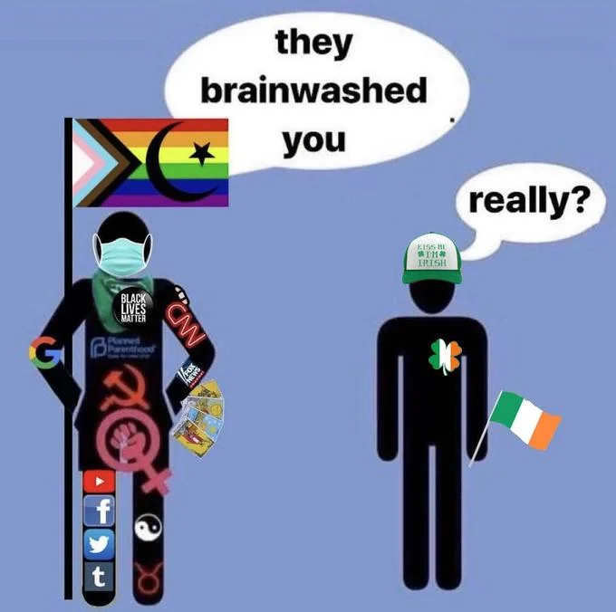 Stick figure covered in progressive and media logos tells an Irish-themed stick figure 'they brainwashed you'