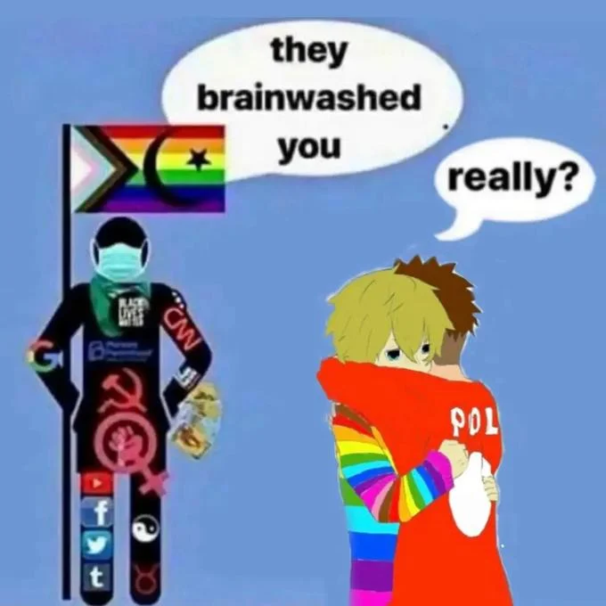 They Brainwashed You — Progressive stick figure speaks to an anime boy in an orange POL hoodie hugging a rainbow figure