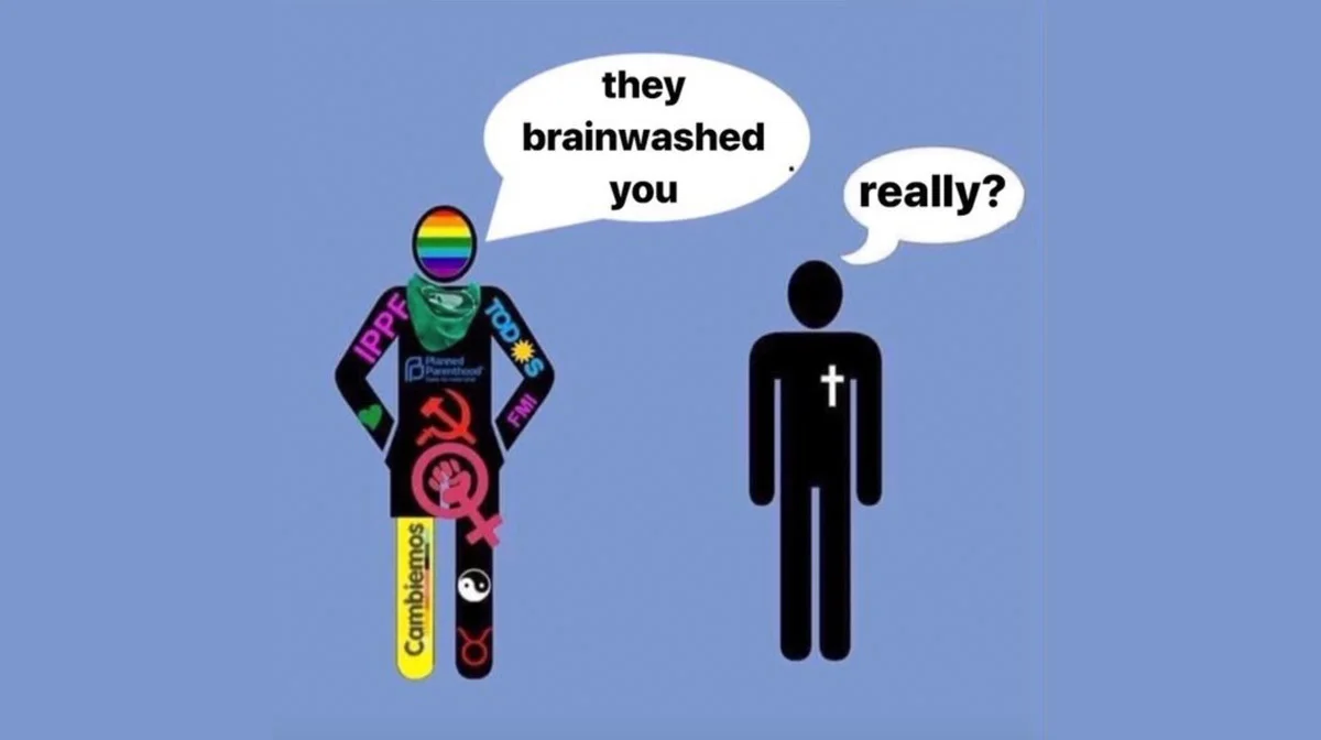 Stick figure plastered with progressive logos says 'they brainwashed you' to a Christian stick figure who replies 'really?'