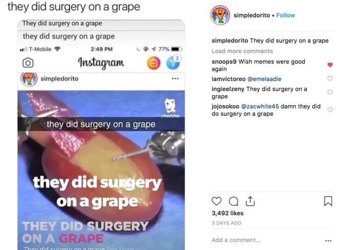 They Did Surgery on a Grape — Split-screen showing Instagram post and tweet side by side with grape surgery video spreading across platforms.