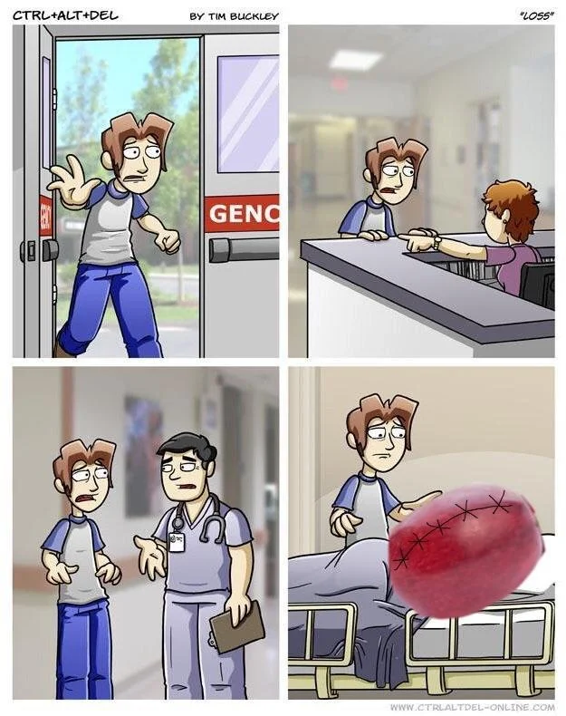They Did Surgery on a Grape — Four-panel webcomic strip parodying Loss with final panel showing stitched grape on hospital bed.