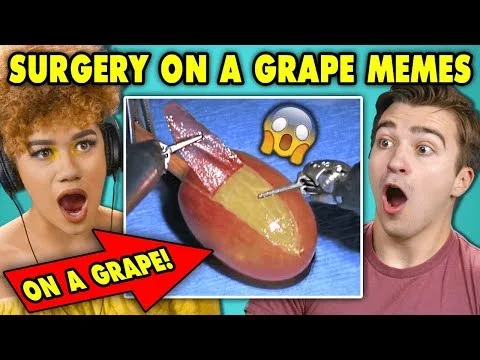 They Did Surgery on a Grape — YouTube reaction video thumbnail with shocked expressions flanking grape surgery video with bold text.