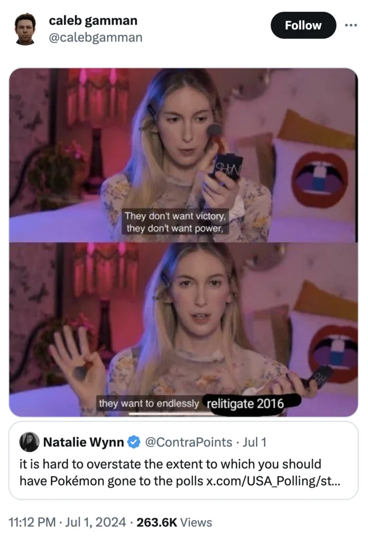 They Dont Want Victory They Dont Want Power They Want To Endlessly Critique Power — Edited ContraPoints meme with 'relitigate 2016' punchline in a tweet