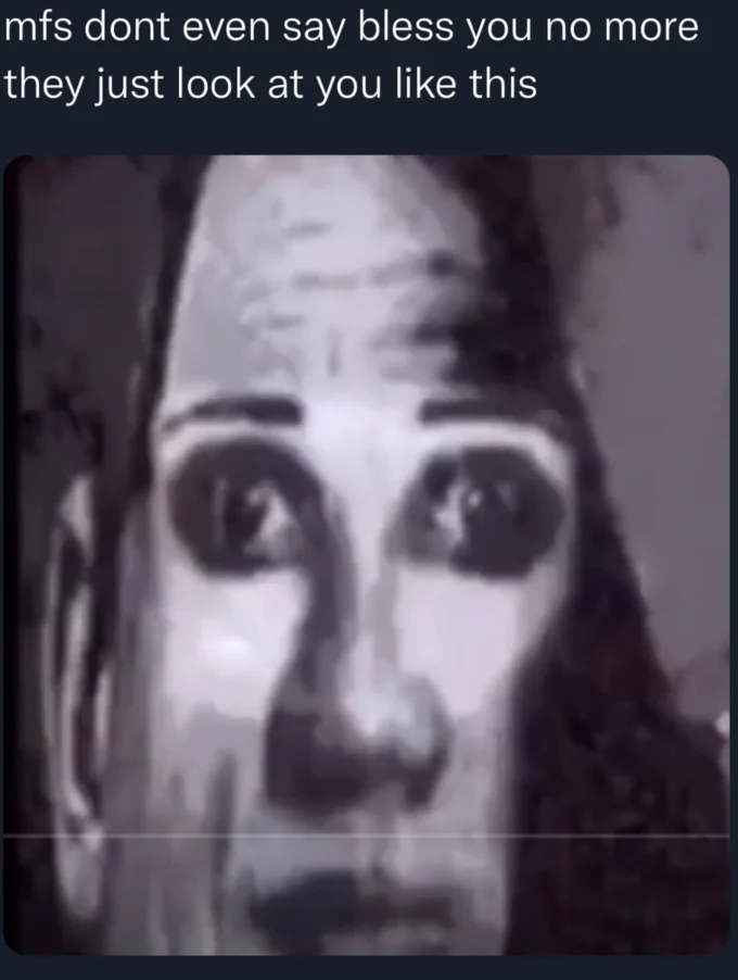 Distorted grainy image of a wide-eyed face captioned 'mfs dont even say bless you no more they just look at you like this'.