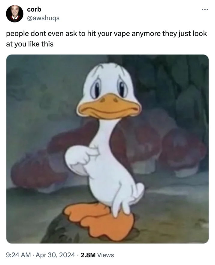 They Just Look At You Like This — Tweet by @awshuqs with a classic Donald Duck cartoon captioned about people silently asking to hit a vape.