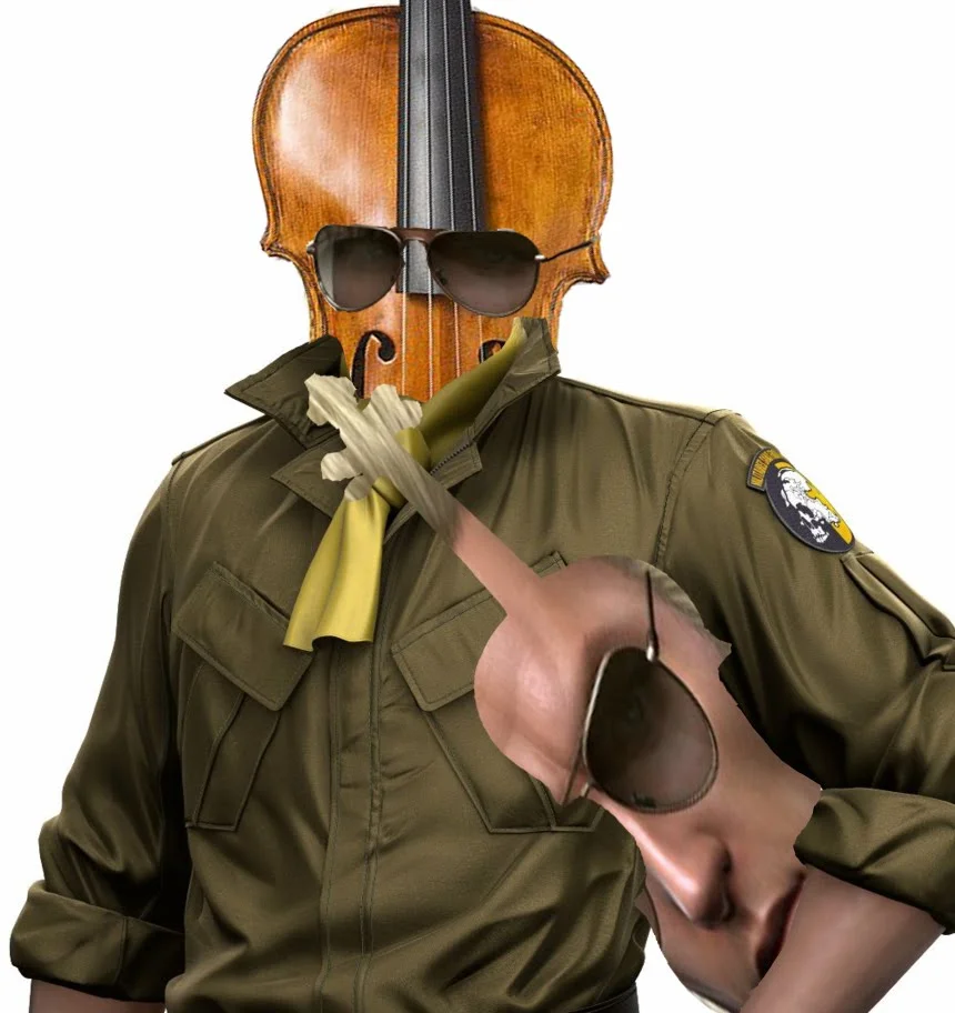 They Played Us Like A Damn Fiddle! — Photoshopped image of Kaz Miller with a violin for a head wearing sunglasses