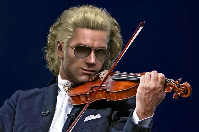 They Played Us Like A Damn Fiddle! — Kazuhira Miller edited to look like a violinist in formal attire playing a violin