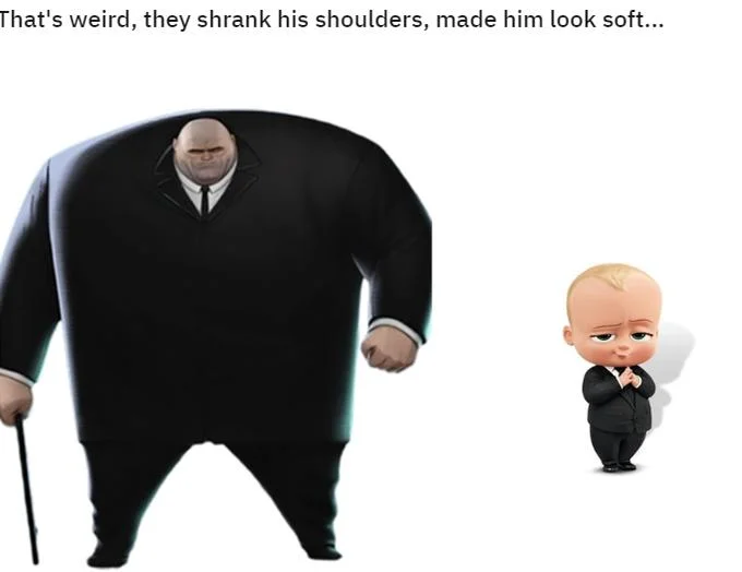 They Shrank His Shoulders Made Him Look Soft — Split image contrasting large imposing character versus tiny Boss Baby character in suit.
