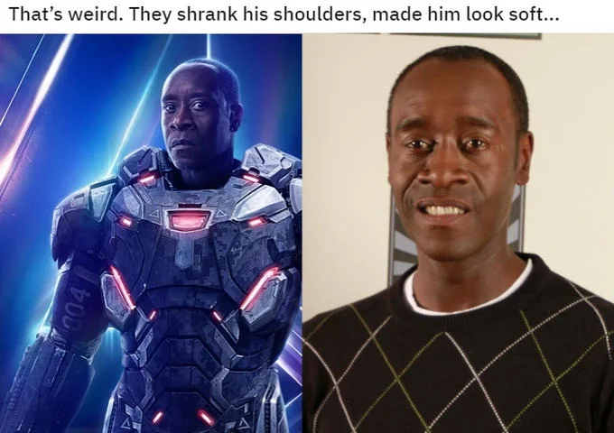 They Shrank His Shoulders Made Him Look Soft — Split image of Don Cheadle in bulky War Machine armor suit versus casual sweater photo with meme caption.