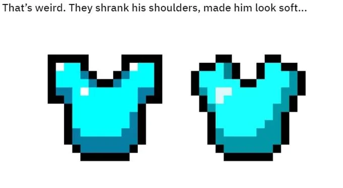 They Shrank His Shoulders Made Him Look Soft — Two pixel-art Minecraft diamond chestplates side by side with taller versus shorter versions.