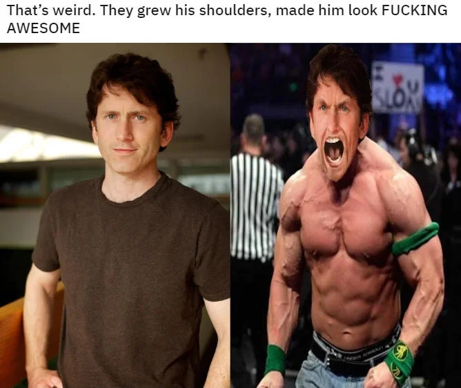 They Shrank His Shoulders Made Him Look Soft — Split of Todd Howard in casual shirt versus photoshopped muscular wrestler body with inverted praise caption.