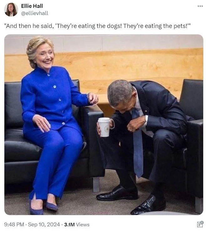 Theyre Eating The Dogs — Hillary Clinton and Barack Obama laughing, captioned with eating the dogs quote