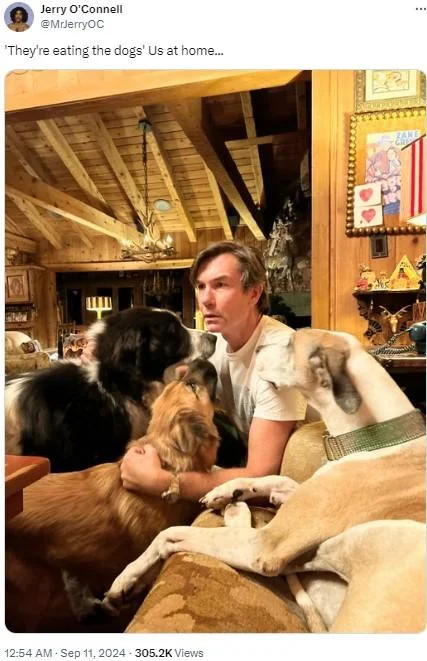 Theyre Eating The Dogs — Jerry O'Connell surrounded by dogs at home responding to eating dogs meme