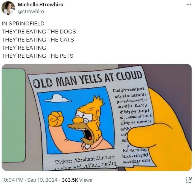 Theyre Eating The Dogs — Simpsons Old Man Yells at Cloud meme combined with eating the dogs quote