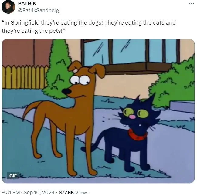 Theyre Eating The Dogs — Twitter post with Simpsons dog and cat characters reacting to eating dogs quote