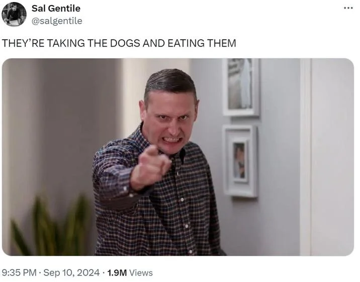 Theyre Eating The Dogs — Tim Robinson pointing angrily with eating the dogs caption