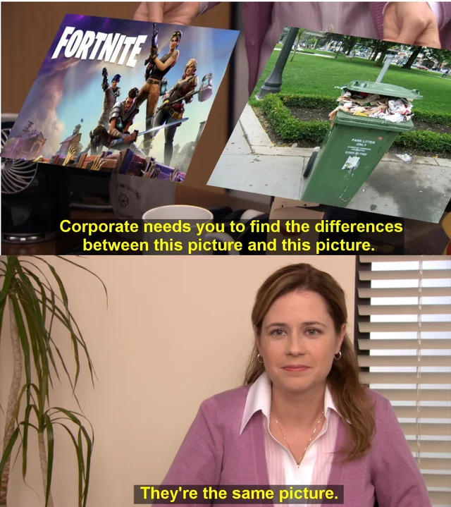 Viral meme comparing Fortnite screenshot to graveyard photo with Pam declaring 'They're the same picture.'
