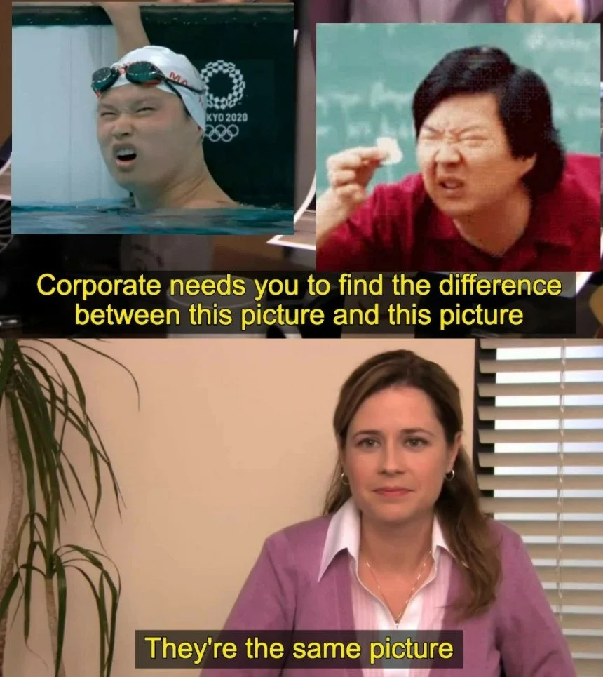 They're the Same Picture — Meme comparing Olympic swimmer's grimace to Ken Jeong's contorted expression with Pam confirming similarity.