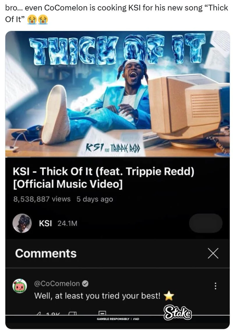Thick of It (KSI) — Screenshot of KSI's official Thick of It music video showing artist in vibrant blue attire with song title displayed.