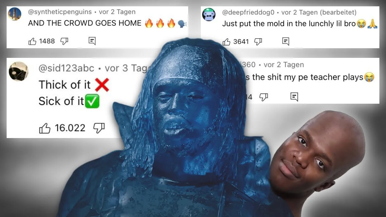 Thick of It (KSI) — Social media screenshot showing Twitter reactions and meme commentary about Thick of It with wordplay variations.