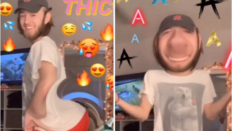 Thicker Than A Snicker — Side-by-side TikTok screenshot showing bearded man dancing in white shirt with fire and heart-eyes emoji overlays and warped face