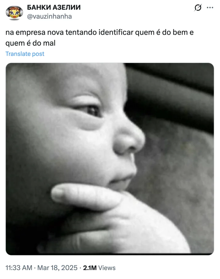 Twitter screenshot using Thinking Baby to depict figuring out coworkers at a new job