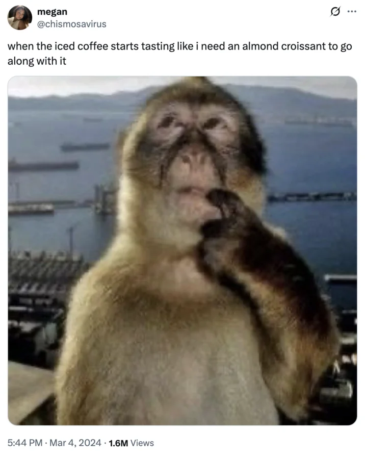 Twitter screenshot of Thinking Monkey meme about iced coffee and almond croissant
