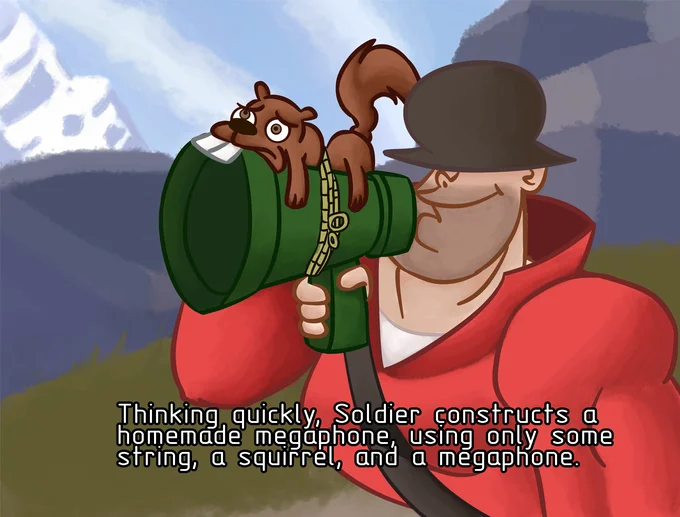 Thinking Quickly, Dave Constructs A Homemade Megaphone — Team Fortress 2 Soldier character holding a megaphone with squirrel on top