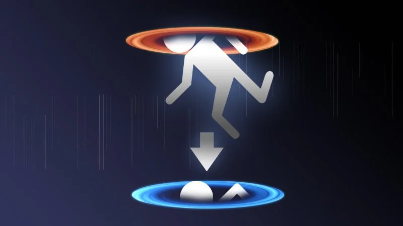 Thinking With Portals — Portal video game logo with figure falling through orange and blue portals on dark blue background