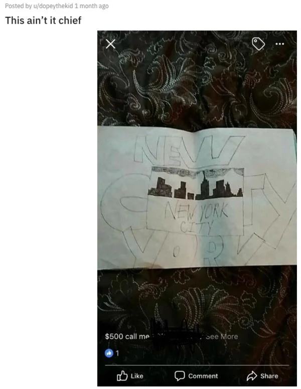 This Aint It Chief — Social media post screenshot showing handwritten text on fabric with city skyline drawings.