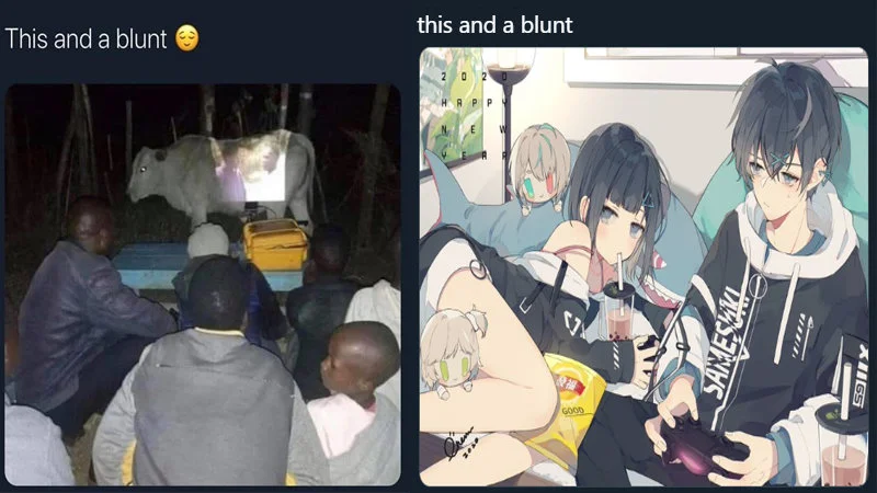 This And A Blunt — Grid layout collage combining two meme instances with real-world photo and anime characters.
