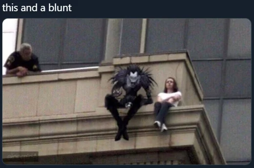 This And A Blunt — Striking reaction image featuring dark creature sitting on building ledge with onlookers below.