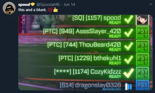 This And A Blunt — Twitter post from SpoodahRL applying meme format to gaming server roster screenshot.